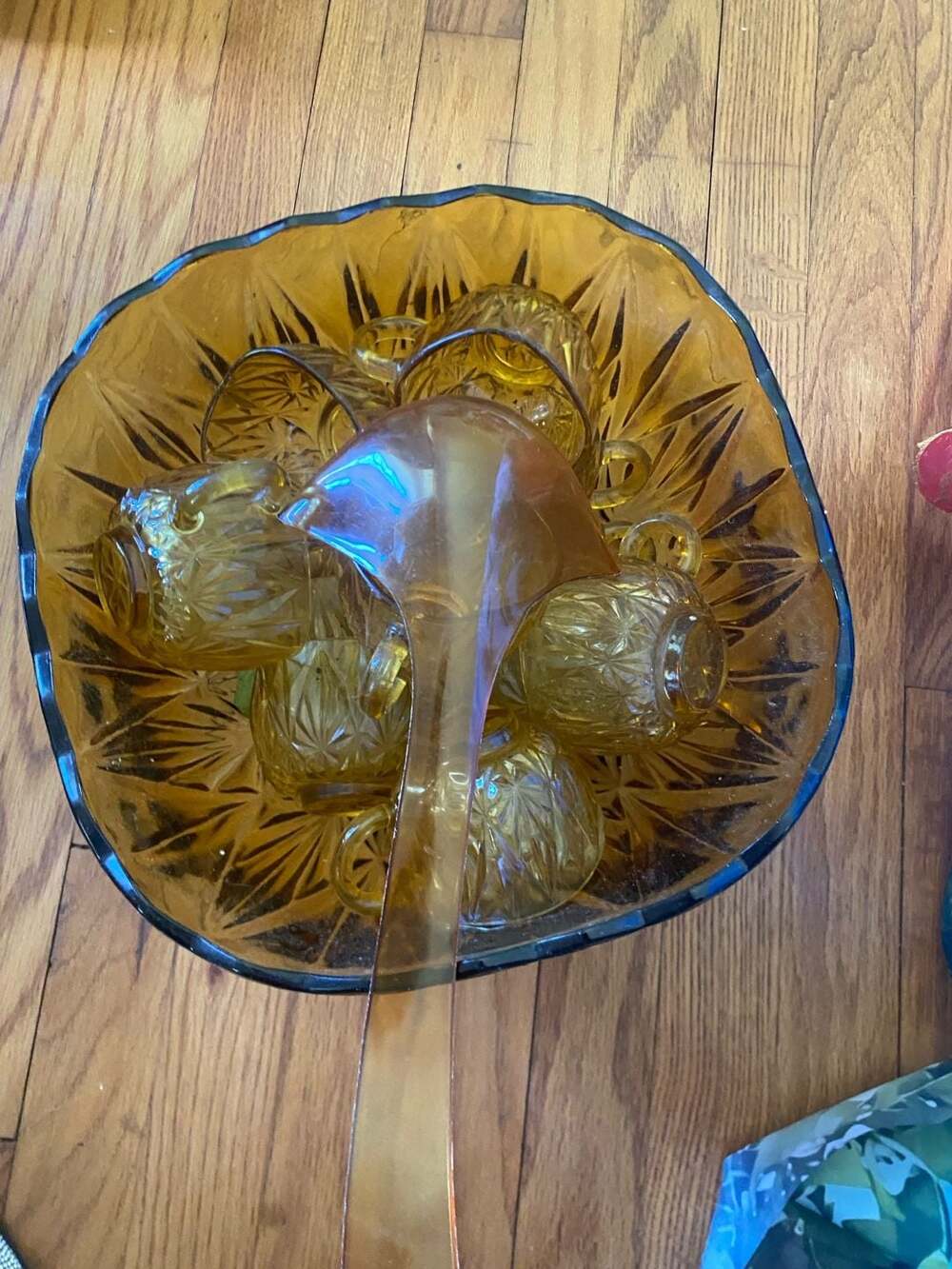 Hazel Atlas Williamsport Amber Glass Punch Bowl Set with Cups and Ladle